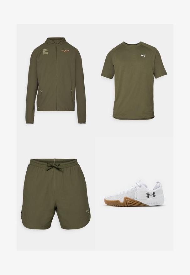 Chaqueta deportiva de color verde oliva con alto cuello, cremallera frontal completa, bolsillos laterales y logotipos impresos en blanco y naranja. Fabricada en material ligero.; Camiseta de manga corta color verde oliva, hecha de un tejido suave, presenta un escote redondeado y un logo blanco en el lado izquierdo del pecho.; Bermudas deportivas de color verde oliva, hechas de un tejido ligero, con una cintura elástica y un cordón de ajuste, además de un pequeño detalle de logo en el costado.; Zapatillas deportivas blancas con parte superior de malla, suela de goma de color goma, acentos texturizados y un logo negro en el costado.