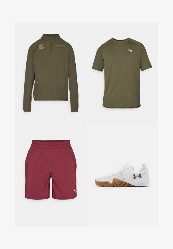 Oliivinvihreä urheilu takki, jossa on korkea kaulus, täysipituinen vetoketju, sivutaskut ja painetut logot valkoisena ja oranssina. Valmistettu kevyestä materiaalista.; Oliivinvihreä lyhythihainen t-paita, valmistettu sileästä kankaasta, jossa on pyöreä pääntie ja valkoinen logo vasemmalla rintapuolella.; Burgundin urheilushortsit, joissa on joustava vyötärö, sivutaskut ja pieni valkoinen logo alhaalla oikealla puolella. Silkkinen kangas.; Valkoiset urheilukengät, joissa on verkkopinta, kumipohja gumminvärisenä, tekstiiliset yksityiskohdat ja musta logo sivussa.