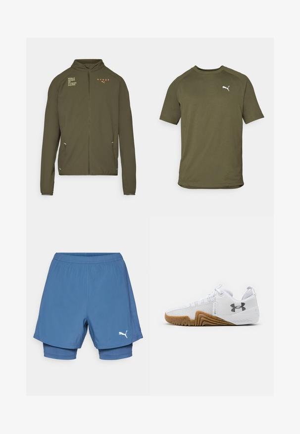 Oliivinvihreä urheilu takki, jossa on korkea kaulus, täysipituinen vetoketju, sivutaskut ja painetut logot valkoisena ja oranssina. Valmistettu kevyestä materiaalista.; Oliivinvihreä lyhythihainen t-paita, valmistettu sileästä kankaasta, jossa on pyöreä pääntie ja valkoinen logo vasemmalla rintapuolella.; Puma siniset urheilushortsit kerrosrakenteella, joissa on joustava vyötärö, sileä pinta ja valkoinen logo alalegissä.; Valkoiset urheilukengät, joissa on verkkopinta, kumipohja gumminvärisenä, tekstiiliset yksityiskohdat ja musta logo sivussa.