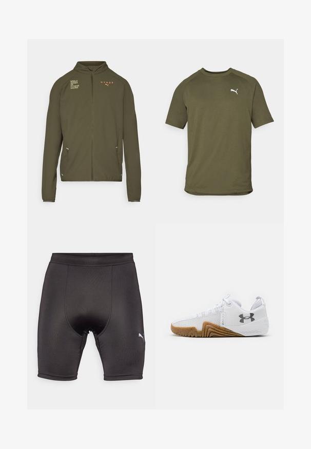 Olivengrøn træningsjakke med høj krave, fuld frontlynlås, sidelommer og trykte logoer i hvid og orange. Lavet af letvægtsmateriale.; Oliven grøn kortærmet t-shirt, lavet af glat stof, har rund halsudskæring og hvidt logo på venstre bryst.; Sorte atletiske shorts lavet af glat, strækbart stof. Har et tætsiddende design, forstærkede syninger og et lille hvidt logo på nederste venstre side.; Hvide atletik sko med mesh overdel, gummisål i gummifarve, teksturerede detaljer og en sort logo på siden.