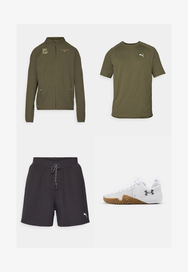 Oliven grønn treningsjakke med høy krage, hel glidelås, sidelommer og trykte logoer i hvitt og oransje. Laget av lett materiale.; Olivenfarget t-skjorte med korte ermer, laget av glatt stoff, har rund hals og hvitt logo på venstre bryst.; Sorte treningsshorts med elastisk midje og justerbar snor. Har en liten hvit logo nederst til venstre. Myk stofftekstur.; Hvite joggesko med mesh-overdel, gummisåle i kamskjellfarge, teksturerte detaljer og en svart logo på siden.