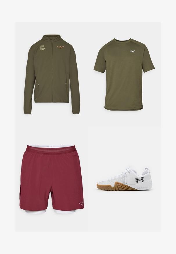 Oliven grønn treningsjakke med høy krage, hel glidelås, sidelommer og trykte logoer i hvitt og oransje. Laget av lett materiale.; Olivenfarget t-skjorte med korte ermer, laget av glatt stoff, har rund hals og hvitt logo på venstre bryst.; Burgunderfargede treningsshorts med mesh-linning og hvit innershorts. Inkluderer en sidelomme og logoakcent på den nedre delen av benet.; Hvite joggesko med mesh-overdel, gummisåle i kamskjellfarge, teksturerte detaljer og en svart logo på siden.