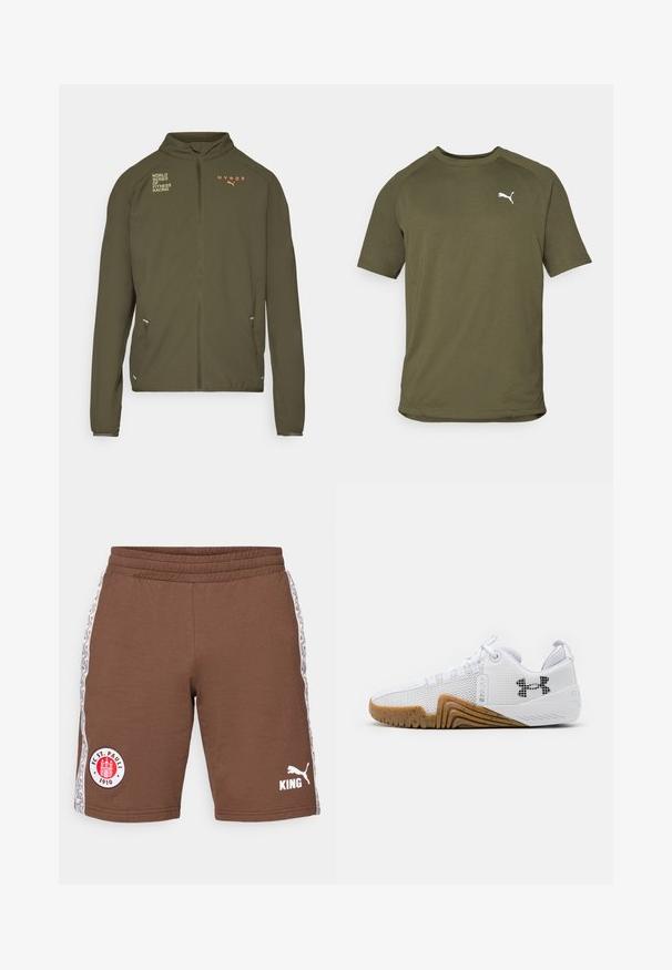Oliven grønn treningsjakke med høy krage, hel glidelås, sidelommer og trykte logoer i hvitt og oransje. Laget av lett materiale.; Olivenfarget t-skjorte med korte ermer, laget av glatt stoff, har rund hals og hvitt logo på venstre bryst.; Brune sportsshorts laget av bomull, med elastisk midje, sidestriper med mønstre og logoer: FC St. Pauli og Puma i hvitt.; Hvite joggesko med mesh-overdel, gummisåle i kamskjellfarge, teksturerte detaljer og en svart logo på siden.
