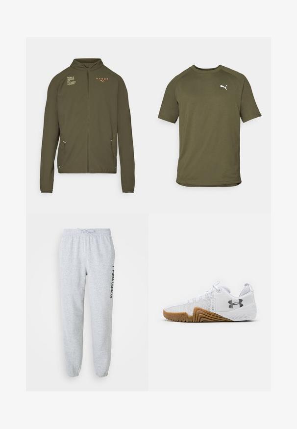 Olijfgroene sportjack met hoge kraag, volledige ritssluiting, zijzakken en bedrukte logo's in wit en oranje. Gemaakt van lichtgewicht materiaal.; Olijfgroene t-shirt met korte mouwen, gemaakt van een gladde stof, heeft een ronde hals en een wit logo op de linkerborst.; Grijze sweatpants met elastische tailleband, trekkoord en taps toelopende enkels. Heeft een zijlogo in zwart. Zachte katoenen stof.; Witte sportschoenen met een bovenwerk van mesh, rubberen buitenzool in een gomkleur, textuuraccenten en een zwart logo op de zijkant.