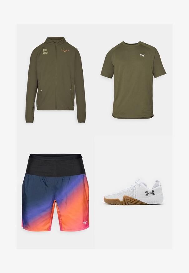 Olivno zelena atletska jakna z visokim ovratnikom, celotnim zadrgo spredaj, stranskimi žepi in natisnjenimi logotipi v beli in oranžni barvi. Narejena iz lahkotnega materiala.; Olivno zelena majica s kratkimi rokavi, izdelana iz gladkega materiala, ima okroglo izrez in bel logotip na levi strani prsnega dela.; Moške športne kratke hlače z gradientnim dizajnom od mornarsko modre do oranžne barve, z črnim pasom in gladkim, lahkim materialom.; Bele športne čevlje z mrežastim zgornjim delom, gumijastim podplatom v barvi gumija, teksturiranimi poudarki in črnim logotipom na strani.