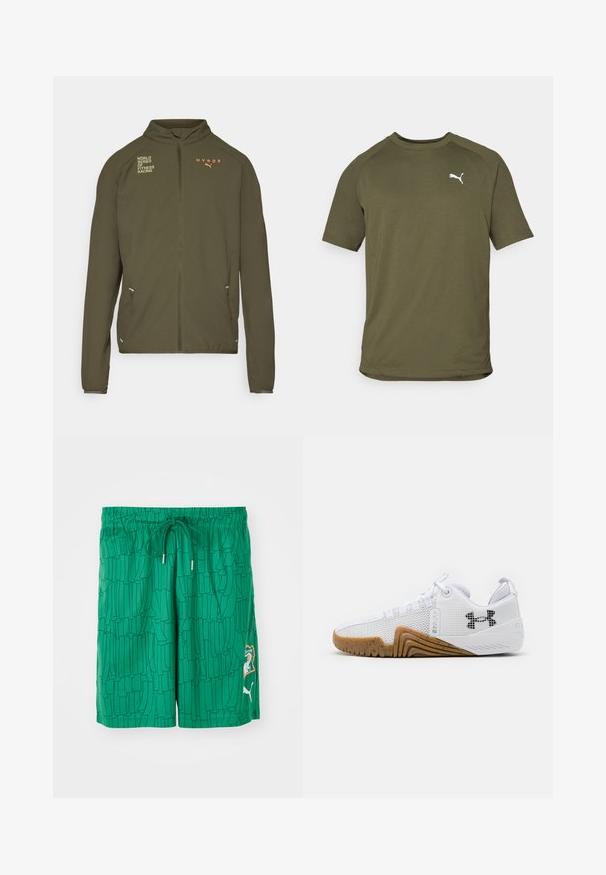 Oliivinvihreä urheilu takki, jossa on korkea kaulus, täysipituinen vetoketju, sivutaskut ja painetut logot valkoisena ja oranssina. Valmistettu kevyestä materiaalista.; Oliivinvihreä lyhythihainen t-paita, valmistettu sileästä kankaasta, jossa on pyöreä pääntie ja valkoinen logo vasemmalla rintapuolella.; Vihreät uimapuvut, joissa on teksturoitu kuvio, joustava vyötärö ja nauha. Sivussa on logo-patch ja erottuvat viimeistelyt.; Valkoiset urheilukengät, joissa on verkkopinta, kumipohja gumminvärisenä, tekstiiliset yksityiskohdat ja musta logo sivussa.