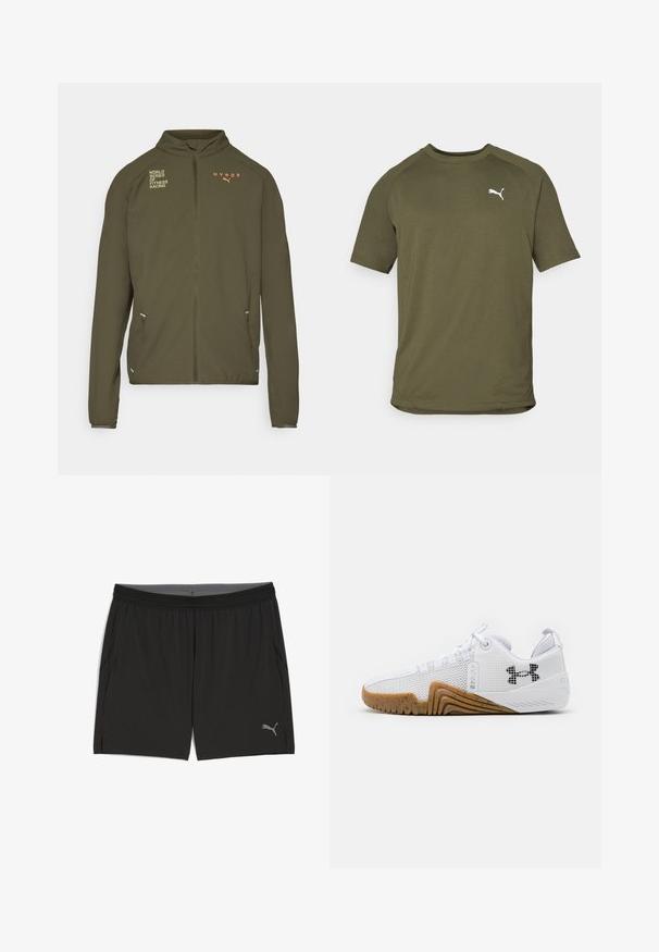 Chaqueta deportiva de color verde oliva con alto cuello, cremallera frontal completa, bolsillos laterales y logotipos impresos en blanco y naranja. Fabricada en material ligero.; Camiseta de manga corta color verde oliva, hecha de un tejido suave, presenta un escote redondeado y un logo blanco en el lado izquierdo del pecho.; Pantalones cortos deportivos negros hechos de un tejido ligero. Cuentan con una cintura elástica, bolsillos laterales y un sutil logo gris en la parte inferior delantera.; Zapatillas deportivas blancas con parte superior de malla, suela de goma de color goma, acentos texturizados y un logo negro en el costado.