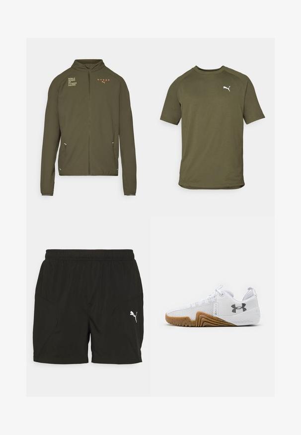 Chaqueta deportiva de color verde oliva con alto cuello, cremallera frontal completa, bolsillos laterales y logotipos impresos en blanco y naranja. Fabricada en material ligero.; Camiseta de manga corta color verde oliva, hecha de un tejido suave, presenta un escote redondeado y un logo blanco en el lado izquierdo del pecho.; Pantalones cortos deportivos negros con una cintura elástica, que cuentan con bolsillos laterales y un logo blanco de Puma en la parte inferior izquierda. Textura suave.; Zapatillas deportivas blancas con parte superior de malla, suela de goma de color goma, acentos texturizados y un logo negro en el costado.