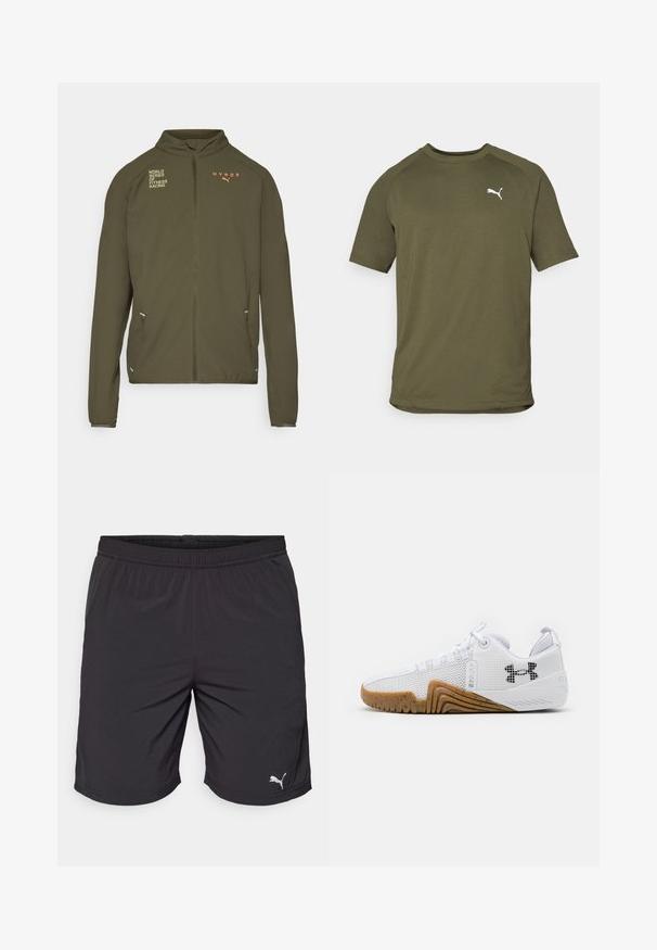 Olíva zöld sportdzseki magas gallérral, teljes elülső cipzárral, oldalsó zsebekkel és fehér, valamint narancssárga nyomott logókkal. Könnyű anyagból készült.; Olíva zöld, rövid ujjú póló, sima anyagból készült, kerek nyakkivágással és fehér logóval a bal mellrészen.; Fekete sportnadrág könnyű anyagból, rugalmas derékkal. A bal alsó részen egy kicsi, fehér Puma logó található.; Fehér sportcipők hálós felsőrésszel, gumis talppal, kialakított részletekkel és fekete logóval az oldalon.