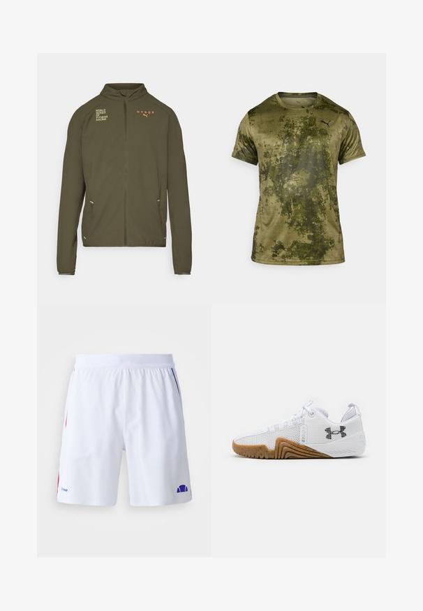 Oliivinvihreä urheilu takki, jossa on korkea kaulus, täysipituinen vetoketju, sivutaskut ja painetut logot valkoisena ja oranssina. Valmistettu kevyestä materiaalista.; Lyhythihainen urheilupaita oliivinvihreänä, jossa on teksturoitu, kuvioitu pinta. Paidassa on pieni musta logo vasemmassa rintataskussa.; Valkoiset urheilu shortsit, joissa on sileä pinta ja punaisia sekä sinisiä yksityiskohtia. Joustava vyötärö, joka takaa hyvän istuvuuden, ja sininen logotunnus.; Valkoiset urheilukengät, joissa on verkkopinta, kumipohja gumminvärisenä, tekstiiliset yksityiskohdat ja musta logo sivussa.