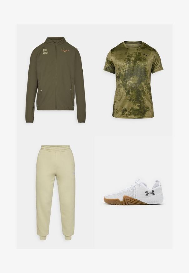Olivgrüne Sportjacke mit hohem Kragen, durchgehendem Reißverschluss, Seitentaschen und aufgedruckten Logos in Weiß und Orange. Aus leichtem Material gefertigt.; Kurzarmliges Sport-Shirt in Olivgrün mit einer strukturierten, gemusterten Oberfläche. Verfügt über ein kleines schwarzes Logo auf der oberen linken Brust.; Hellgrüne Sweatpants mit weicher Textur, elastischem Bund und Bündchen an den Knöcheln. Kleines Logodetail an der Seite.; Weiße Sportschuhe mit einem Obermaterial aus Mesh, einer Gummisohle in Braun, strukturierten Akzenten und einem schwarzen Logo an der Seite.