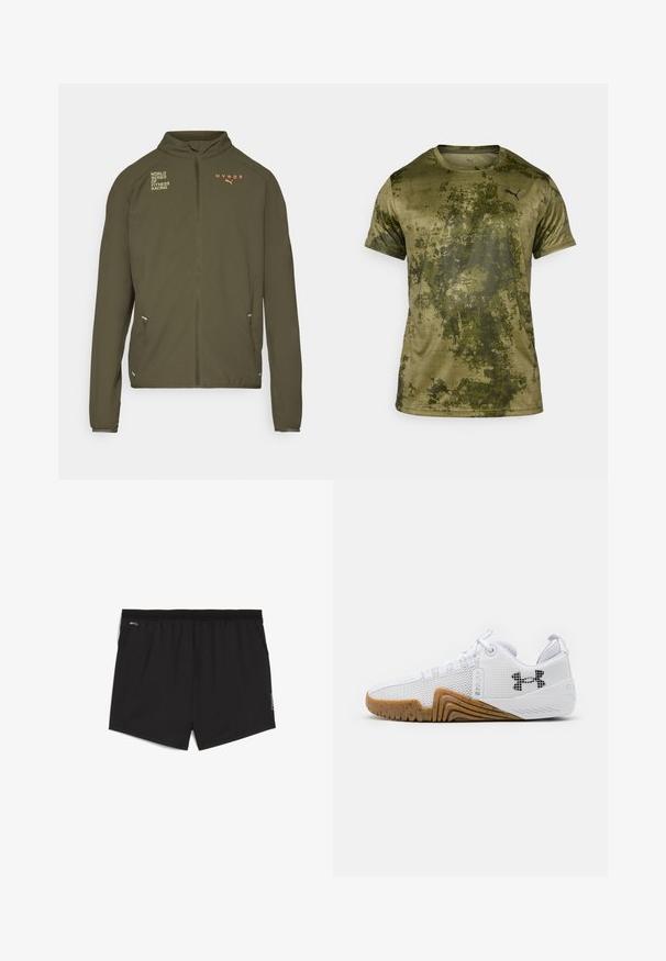 Chaqueta deportiva de color verde oliva con alto cuello, cremallera frontal completa, bolsillos laterales y logotipos impresos en blanco y naranja. Fabricada en material ligero.; Camiseta deportiva de manga corta en verde olivo con un acabado texturizado y con patrón. Presenta un pequeño logotipo negro en la parte superior izquierda del pecho.; Pantalones cortos deportivos negros con una cinturilla elástica, hechos de un material que absorbe la humedad. Presenta un pequeño logo y un patrón sutil en el costado.; Zapatillas deportivas blancas con parte superior de malla, suela de goma de color goma, acentos texturizados y un logo negro en el costado.