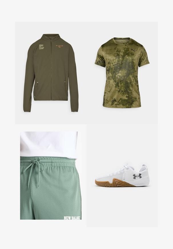 Oliven grønn treningsjakke med høy krage, hel glidelås, sidelommer og trykte logoer i hvitt og oransje. Laget av lett materiale.; Korte ermer idretts skjorte i olivengrønn med teksturert, mønstrede overflate. Har en liten svart logo øverst til venstre på brystet.; Lys grønne netshorts med elastisk talje og snore. Har små perforeringer for pusteevne og hvidt logo-detalje.; Hvite joggesko med mesh-overdel, gummisåle i kamskjellfarge, teksturerte detaljer og en svart logo på siden.