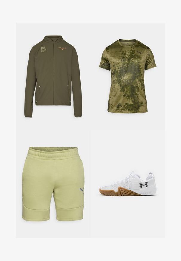 Olīvu zaļa sporta jaka ar augstu apkakli, pilnu priekšējo rāvējslēdzi, sānu kabatām un drukātiem logotipiem baltā un oranžā krāsā. Izgatavota no viegla materiāla.; Sānu piedurkņu sporta krekls olīvzaļā krāsā ar faktūru un rakstu. Uz kreisā krūts ir neliels melns logotips.; Gaismas zaļie sporta šorti ar elastīgu jostu, gludu tekstūru un sānu šuvēm. Apakšējā kreisajā pusē ir pelēks logo.; Balti sporta apavi ar sietu augšdaļu, gumijas zoli ar gumijas krāsu, teksturētām akcentiem un melnu logo sānos.