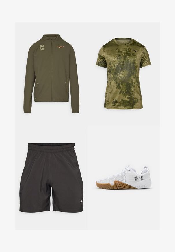 Olive roheline sportlik jakk, millel on kõrge krae, täispikk tõmblukk, küljetaskud ning valge ja oranži värviga trükitud logod. Valmistatud kerge materjali koostisest.; Olive rohelises värvitoonis lühikeste varrukatega spordipe shirt, millel on tekstureeritud ja mustriline viimistlus. Ees vasakul rinna kohal on väike must logo.; Mustad mustad sport shorts, mis on valmistatud kergest kangast, millel on elastne vöökoht ja väike valge logo vasakul alakul.; Valged sportlikud kingad, mis on varustatud võrgust pealsega, kummise välispõhjaga, millel on pruuni värvi tooni, tekstuursete detailidega ja must logoga külgedel.