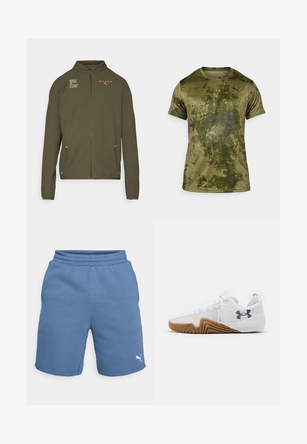 Olive green athletic jacket with high collar, full front zipper, side pockets, and printed logos in white and orange. Made of lightweight material.; Short-sleeve athletic shirt in olive green with a textured, patterned finish. Features a small black logo on the upper left chest.; Blue athletic shorts with an elastic waistband, smooth texture, and a white Puma logo on the lower right leg.; White athletic shoes featuring a mesh upper, rubber outsole with a gum color, textured accents, and a black logo on the side.