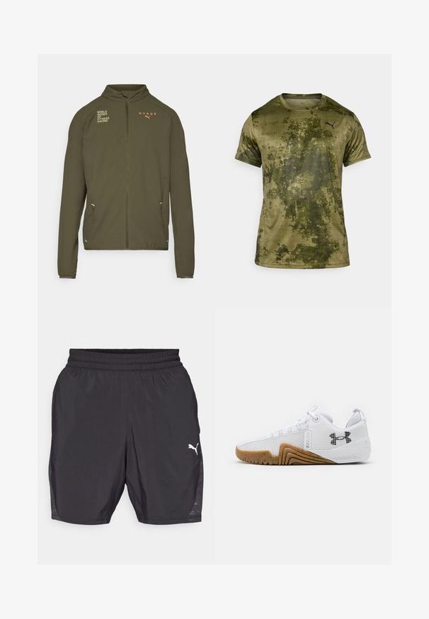 Oliven grønn treningsjakke med høy krage, hel glidelås, sidelommer og trykte logoer i hvitt og oransje. Laget av lett materiale.; Korte ermer idretts skjorte i olivengrønn med teksturert, mønstrede overflate. Har en liten svart logo øverst til venstre på brystet.; Svart treningstopper laget av lett stoff, med elastisk liv, og en liten hvit logo på nedre høyre side.; Hvite joggesko med mesh-overdel, gummisåle i kamskjellfarge, teksturerte detaljer og en svart logo på siden.