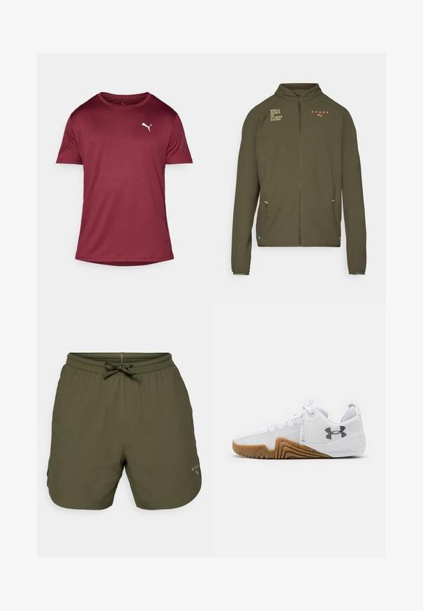 Olivově zelená sportovní bunda s vysokým límcem, plným předním zipem, postranními kapsami a potištěnými logy v bílé a oranžové barvě. Vyrobena z lehkého materiálu.; Bordeaux tričko s krátkým rukávem vyrobené z hladkého materiálu, které má kulatý výstřih a bílé logo Puma na levé straně hrudi. Jednoduchý design.; Olivově zelené sportovní šortky vyrobené z lehkého materiálu, se skládacím pasem a šňůrkou, a s malým logem na boku.; Bílé sportovní boty svršek z prodyšné síťoviny, gumová podrážka v barvě gumy, texturované detaily a černé logo na boku.