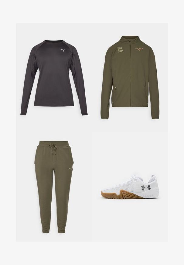 Olivgrüne Sportjacke mit hohem Kragen, durchgehendem Reißverschluss, Seitentaschen und aufgedruckten Logos in Weiß und Orange. Aus leichtem Material gefertigt.; Langärmliges Sporthemd in Schwarz, mit einem glatten Stoff, kontrastierenden gemusterten Seiteneinsätzen und einem kleinen weißen Logo auf der Brust.; Olivgrüne Sweatpants mit elastischem Bund und verstellbarem Kordelzug, schlank geschnitten und mit dezentem Logo in der Nähe der Tasche.; Weiße Sportschuhe mit einem Obermaterial aus Mesh, einer Gummisohle in Braun, strukturierten Akzenten und einem schwarzen Logo an der Seite.