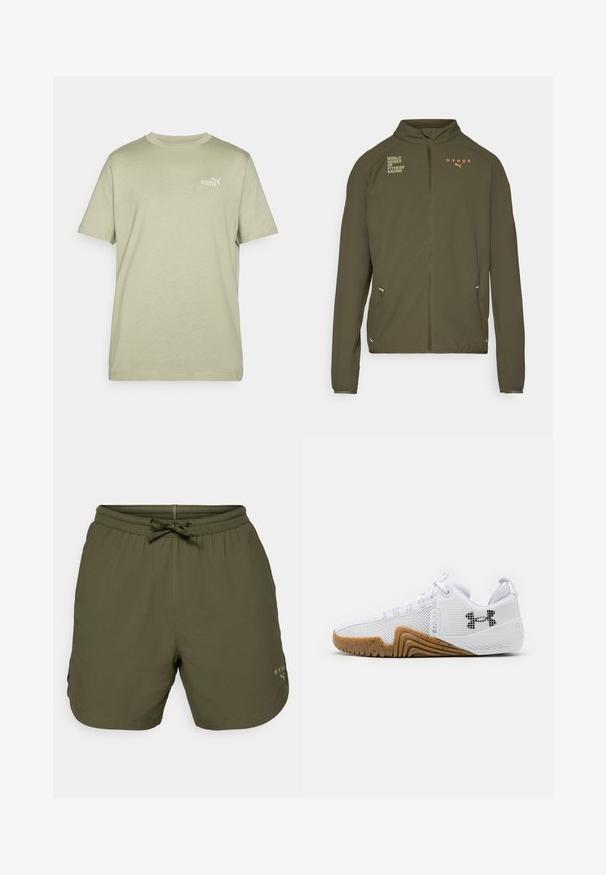 Olive roheline sportlik jakk, millel on kõrge krae, täispikk tõmblukk, küljetaskud ning valge ja oranži värviga trükitud logod. Valmistatud kerge materjali koostisest.; Oliivroheline T-särk ümarate kaelustega ja lühikeste varrukatega. Rinnal on väike valge Puma logo. Valmistatud pehmest ja kergest kangast.; Olive roheline spordilühikesed, mis on valmistatud kergest kangast, elastse vöökoha ja paelaga ning väikese logodetailiga küljele.; Valged sportlikud kingad, mis on varustatud võrgust pealsega, kummise välispõhjaga, millel on pruuni värvi tooni, tekstuursete detailidega ja must logoga külgedel.