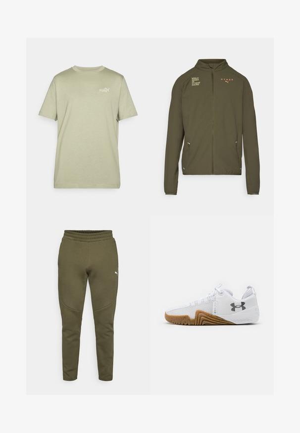 Olive green athletic jacket with high collar, full front zipper, side pockets, and printed logos in white and orange. Made of lightweight material.; Olive green t-shirt with a round neck and short sleeves. Features a small white Puma logo on the chest. Made of soft, lightweight fabric.; Olive green sweatpants with a tapered fit, elastic waistband, and a small white logo on the left side. Soft fabric with a smooth texture.; White athletic shoes featuring a mesh upper, rubber outsole with a gum color, textured accents, and a black logo on the side.