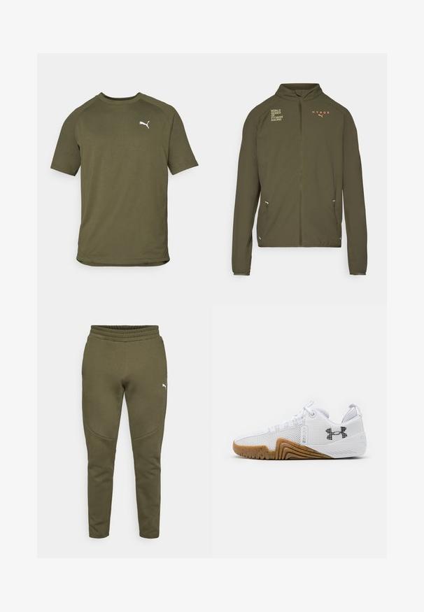 Olivno zelena atletska jakna z visokim ovratnikom, celotnim zadrgo spredaj, stranskimi žepi in natisnjenimi logotipi v beli in oranžni barvi. Narejena iz lahkotnega materiala.; Olivno zelena majica s kratkimi rokavi, izdelana iz gladkega materiala, ima okroglo izrez in bel logotip na levi strani prsnega dela.; Olivno zeleni trenirke s ožjim krojem, elastičnim pasom in majhnim belim logotipom na levi strani. Mehka tkanina z gladko teksturo.; Bele športne čevlje z mrežastim zgornjim delom, gumijastim podplatom v barvi gumija, teksturiranimi poudarki in črnim logotipom na strani.