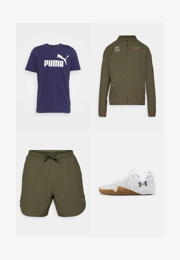 Olivově zelená sportovní bunda s vysokým límcem, plným předním zipem, postranními kapsami a potištěnými logy v bílé a oranžové barvě. Vyrobena z lehkého materiálu.; Puma LOGO TEE - Triko s potiskem - peacoat; Olivově zelené sportovní šortky vyrobené z lehkého materiálu, se skládacím pasem a šňůrkou, a s malým logem na boku.; Bílé sportovní boty svršek z prodyšné síťoviny, gumová podrážka v barvě gumy, texturované detaily a černé logo na boku.
