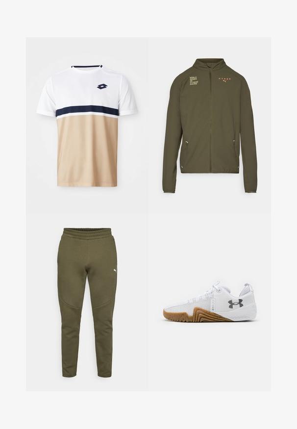 Olivno zelena atletska jakna z visokim ovratnikom, celotnim zadrgo spredaj, stranskimi žepi in natisnjenimi logotipi v beli in oranžni barvi. Narejena iz lahkotnega materiala.; Majica za šport z kratkimi rokavi, ki ima bel zgornji del, mornarsko modre in bele vodoravne črte ter bež spodnji del z teksturiranim finišem.; Olivno zeleni trenirke s ožjim krojem, elastičnim pasom in majhnim belim logotipom na levi strani. Mehka tkanina z gladko teksturo.; Bele športne čevlje z mrežastim zgornjim delom, gumijastim podplatom v barvi gumija, teksturiranimi poudarki in črnim logotipom na strani.