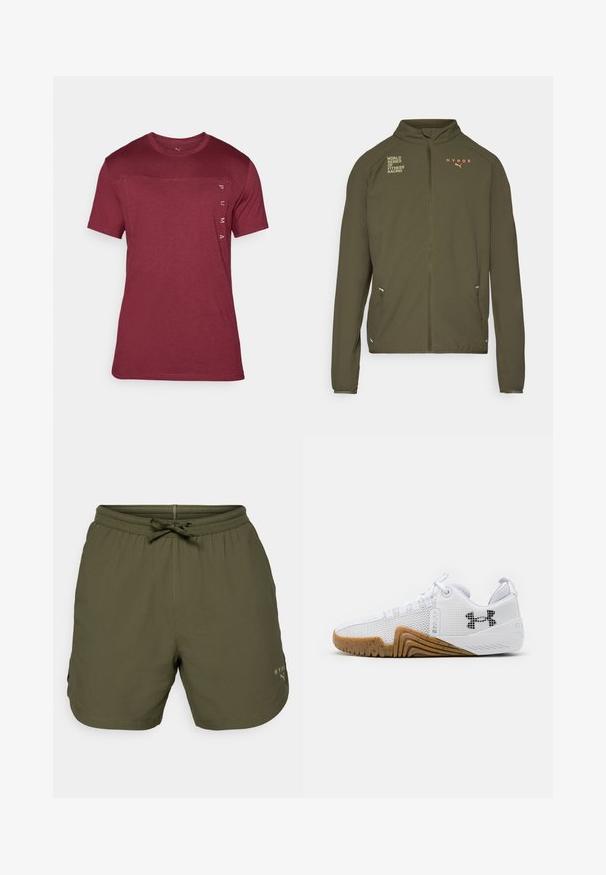 Olivovozelená športová bunda s vysokým golierom, plným predným zipsom, bočnými vreckami a potlačenými logami v bielej a oranžovej farbe. Vyrobená z ľahkého materiálu.; Červené tričko s krátkym rukávom vyrobené z jemnej látky, so zaobleným výstrihom a logom potlačeným vertikálne na ľavej strane.; Olivovo zelené športové šortky vyrobené z ľahkého materiálu, s elastickým pásom a šnúrkou na stiahnutie, s malým logom na boku.; Biele atletické topánky s priedušným zvrškom, gumenou podrážkou v gumovej farbe, textúrovanými akcentmi a čiernym logom na boku.