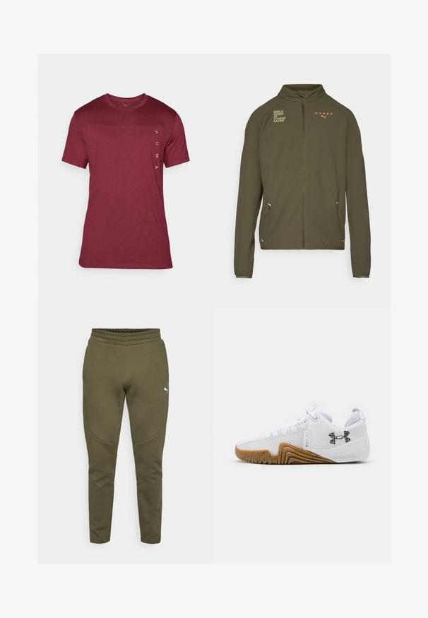 Maslinasto zelena atletska jakna s visokim ovratnikom, punim prednjim zatvaračem, bočnim džepovima i otisnutim logotipima u bijeloj i narančastoj boji. Izrađena od laganog materijala.; Crvena majica kratkih rukava od mekog materijala s okruglim izrezom i logotipom otisnutim vertikalno s lijeve strane.; Maslinasto zelene trenirke sa suženim krojem, elastičnim pojasom i malim belim logotipom s leve strane. Mekana tkanina sa glatkom teksturom.; Bijele atletske tenisice s gornjim dijelom od mrežice, gumenim potplatom u boji gume, teksturiranim akcentima i crnim logotipom sa strane.