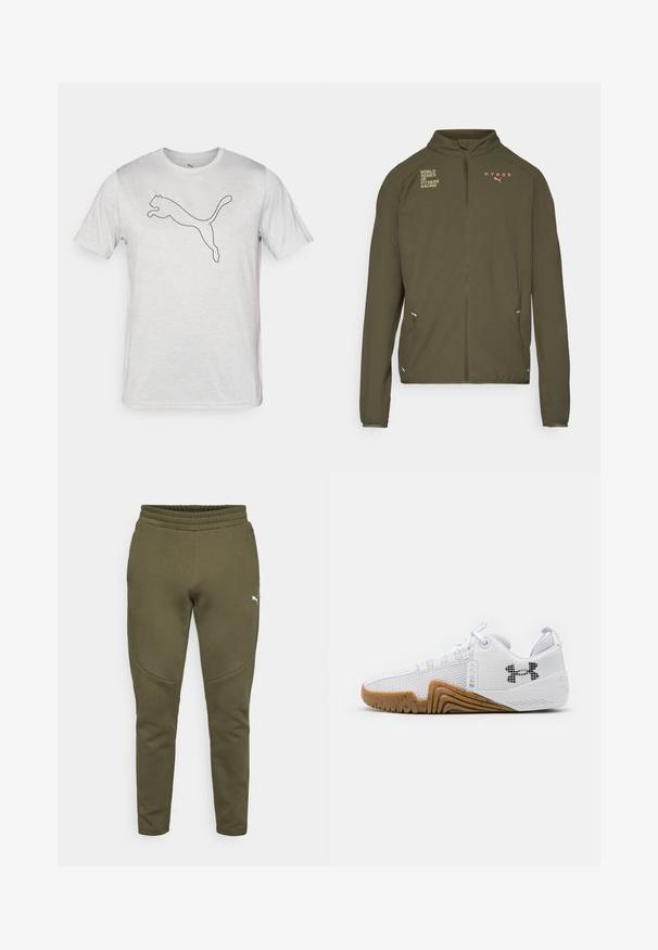 Olivovozelená športová bunda s vysokým golierom, plným predným zipsom, bočnými vreckami a potlačenými logami v bielej a oranžovej farbe. Vyrobená z ľahkého materiálu.; Biele tričko s krátkym rukávom vyrobené z jemnej látky, s čiernym obrysom loga skáčucej pantery na prednej strane.; Olivové tepláky so zúženým strihom, elastickým pásom a malým bielym logom na ľavej strane. Mäkká tkanina s hladkou textúrou.; Biele atletické topánky s priedušným zvrškom, gumenou podrážkou v gumovej farbe, textúrovanými akcentmi a čiernym logom na boku.