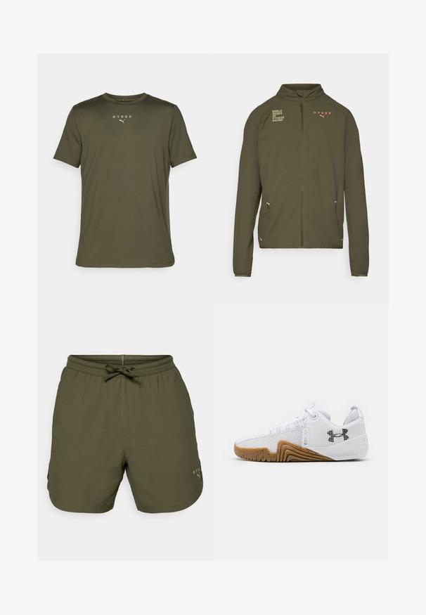 Olivno zelena atletska jakna z visokim ovratnikom, celotnim zadrgo spredaj, stranskimi žepi in natisnjenimi logotipi v beli in oranžni barvi. Narejena iz lahkotnega materiala.; Olivno zelena športna majica iz lahkega materiala, z okroglim izrezom in kratkimi rokavi. Na prsih je logo "HYROX" in emblem Puma.; Olivno zeleni športni šorti iz lahkega materiala, z elastičnim pasom in vrvico ter majhnim logotipom na strani.; Bele športne čevlje z mrežastim zgornjim delom, gumijastim podplatom v barvi gumija, teksturiranimi poudarki in črnim logotipom na strani.