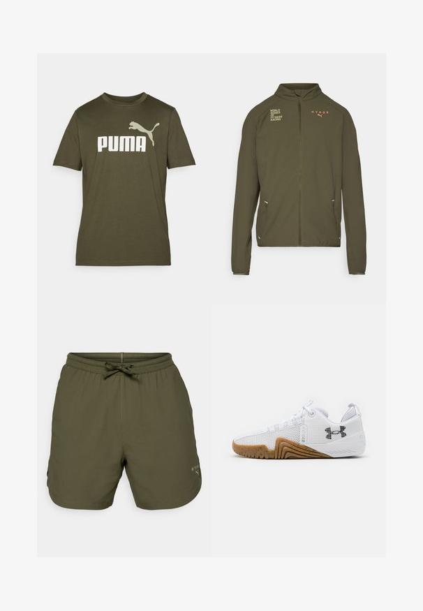 Olive green athletic jacket with high collar, full front zipper, side pockets, and printed logos in white and orange. Made of lightweight material.; Olive green cotton t-shirt featuring a large white "PUMA" logo and a leaping puma graphic on the left shoulder. Short sleeves, crew neck.; Olive green athletic shorts made of lightweight fabric, featuring an elastic waist with a drawstring and a small logo detail on the side.; White athletic shoes featuring a mesh upper, rubber outsole with a gum color, textured accents, and a black logo on the side.