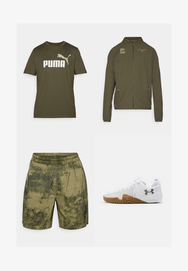 Olive roheline sportlik jakk, millel on kõrge krae, täispikk tõmblukk, küljetaskud ning valge ja oranži värviga trükitud logod. Valmistatud kerge materjali koostisest.; Oliivroheline puuvillane t-särk, millel on suur valge "PUMA" logo ja hüppava puma graafika vasakul õlal. Lühikesed varrukad, ümar kaelus.; Roheline kamuflaažimustriga lühikesed püksid, valmistatud kergest kangast, millel on elastne vöökoht ja mugav lõige.; Valged sportlikud kingad, mis on varustatud võrgust pealsega, kummise välispõhjaga, millel on pruuni värvi tooni, tekstuursete detailidega ja must logoga külgedel.