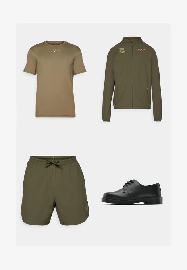 Olīvu zaļa sporta jaka ar augstu apkakli, pilnu priekšējo rāvējslēdzi, sānu kabatām un drukātiem logotipiem baltā un oranžā krāsā. Izgatavota no viegla materiāla.; Olīvzaļa īsām piedurknēm t-krekls ar apaļu kakla izgriezumu un gaiši zaļu "HYROX" logo uz krūtīm. Gluda tekstūra, sportisks griezums.; Olīvzaļi sporta šorti, izgatavoti no viegla auduma, ar elastīgu jostu un auklu, kā arī ar nelielu logotipa detaļu sānos.; Melnas ādas oksfordas kurpes ar auklošanas dizainu, noapaļota purngala, plakana gumijas zole un smalka šuvumu detaļa augšējā daļā.
