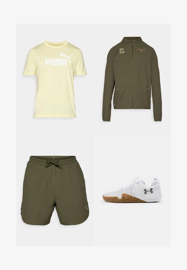 Chaqueta deportiva de color verde oliva con alto cuello, cremallera frontal completa, bolsillos laterales y logotipos impresos en blanco y naranja. Fabricada en material ligero.; Camiseta de algodón amarilla con mangas cortas, que presenta un gran logo blanco de "PUMA" y la silueta de un puma en el frente. Textura suave, escote redondo.; Bermudas deportivas de color verde oliva, hechas de un tejido ligero, con una cintura elástica y un cordón de ajuste, además de un pequeño detalle de logo en el costado.; Zapatillas deportivas blancas con parte superior de malla, suela de goma de color goma, acentos texturizados y un logo negro en el costado.