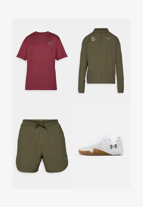 Veste de sport vert olive avec col montant, zip sur toute la longueur, poches latérales et logos imprimés en blanc et orange. Fabriquée en matériau léger.; T-shirt bordeaux, manches courtes, col rond, avec un petit graphique sur la poitrine gauche dans des couleurs contrastées. Texture de tissu douce et lisse.; Shorts de sport verts olive en tissu léger, dotés d'une taille élastique avec cordon de serrage et d'un petit logo sur le côté.; Baskets blanches de sport avec un dessus en maille, une semelle en caoutchouc de couleur gomme, des accents texturés et un logo noir sur le côté.