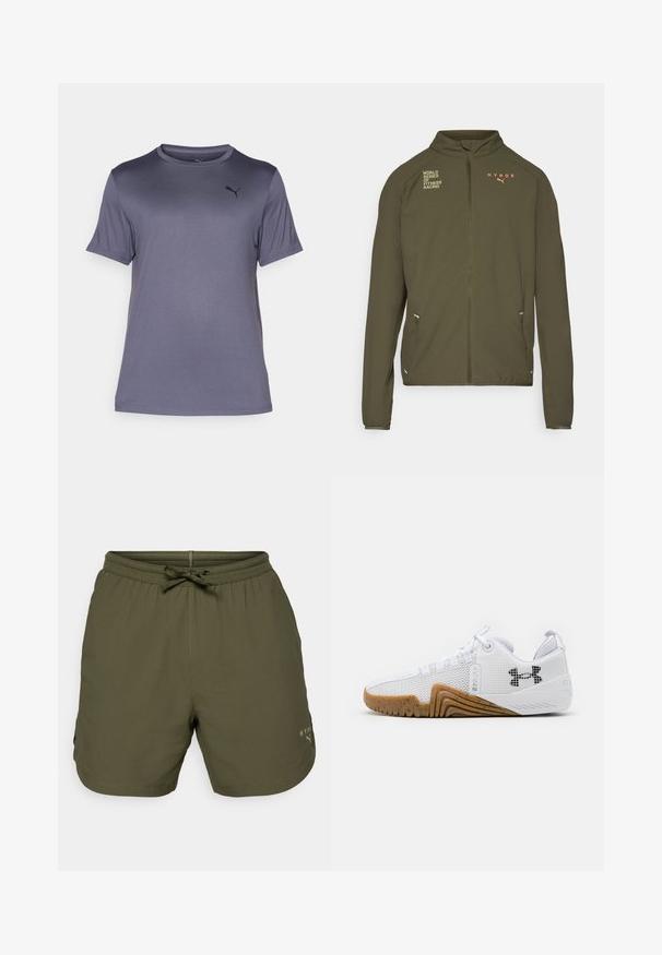 Olivově zelená sportovní bunda s vysokým límcem, plným předním zipem, postranními kapsami a potištěnými logy v bílé a oranžové barvě. Vyrobena z lehkého materiálu.; Šedé tričko s krátkým rukávem vyrobené z hladké, lehké tkaniny. Má kulatý výstřih a jemné černé logo na levé části hrudi.; Olivově zelené sportovní šortky vyrobené z lehkého materiálu, se skládacím pasem a šňůrkou, a s malým logem na boku.; Bílé sportovní boty svršek z prodyšné síťoviny, gumová podrážka v barvě gumy, texturované detaily a černé logo na boku.