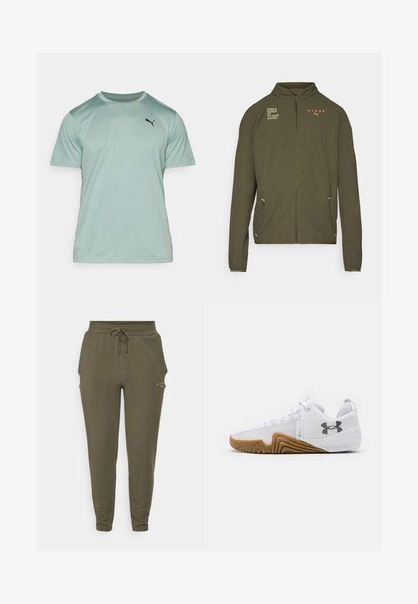 Oliivinvihreä urheilu takki, jossa on korkea kaulus, täysipituinen vetoketju, sivutaskut ja painetut logot valkoisena ja oranssina. Valmistettu kevyestä materiaalista.; Vaaleanvihreä urheilupaita lyhyillä hihoilla, joka on valmistettu sileästä ja hengittävästä kankaasta. Rintamerkkinä pieni musta Puma-logo.; Oliivivärvi dressipüksid elastse vöökoha ja reguleeritava paelaga, mis on slim-fit ja sisaldab peent logo tasku lähedal.; Valkoiset urheilukengät, joissa on verkkopinta, kumipohja gumminvärisenä, tekstiiliset yksityiskohdat ja musta logo sivussa.