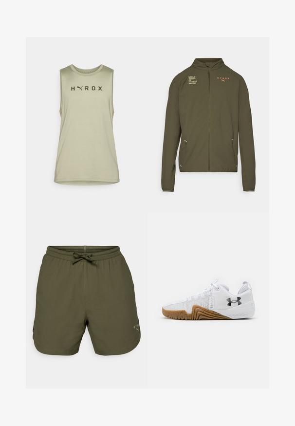Olīvu zaļa sporta jaka ar augstu apkakli, pilnu priekšējo rāvējslēdzi, sānu kabatām un drukātiem logotipiem baltā un oranžā krāsā. Izgatavota no viegla materiāla.; Gai olīvzaļš bezapģērbu sporta tops, izgatavots no gludas auduma, ar tumšajiem burtiem "HYROX" un apaļo kakla dizainu.; Olīvzaļi sporta šorti, izgatavoti no viegla auduma, ar elastīgu jostu un auklu, kā arī ar nelielu logotipa detaļu sānos.; Balti sporta apavi ar sietu augšdaļu, gumijas zoli ar gumijas krāsu, teksturētām akcentiem un melnu logo sānos.