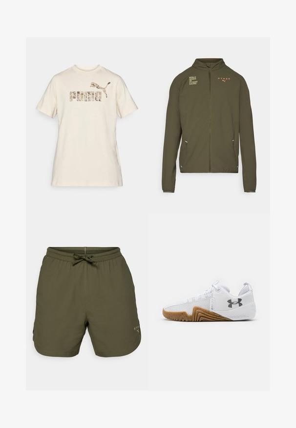 Chaqueta deportiva de color verde oliva con alto cuello, cremallera frontal completa, bolsillos laterales y logotipos impresos en blanco y naranja. Fabricada en material ligero.; Camiseta de algodón crema con mangas cortas y cuello redondo. Presenta un logo de camuflaje "PUMA" y un emblema de puma saltando impresos en tonos apagados.; Bermudas deportivas de color verde oliva, hechas de un tejido ligero, con una cintura elástica y un cordón de ajuste, además de un pequeño detalle de logo en el costado.; Zapatillas deportivas blancas con parte superior de malla, suela de goma de color goma, acentos texturizados y un logo negro en el costado.