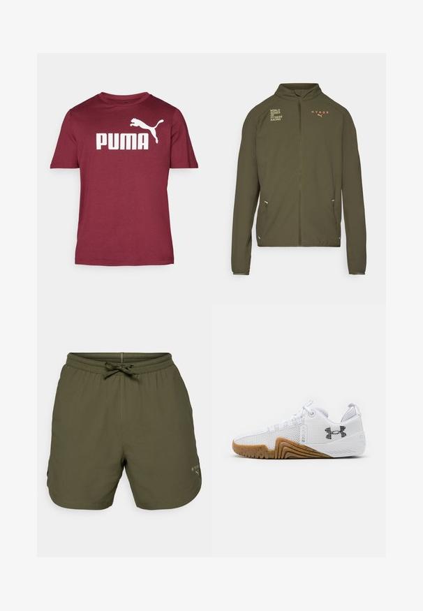 Olijfgroene sportjack met hoge kraag, volledige ritssluiting, zijzakken en bedrukte logo's in wit en oranje. Gemaakt van lichtgewicht materiaal.; Bordeaux kortemouwen T-shirt van zacht materiaal met een groot witte "PUMA" logo en een springende puma afbeelding aan de voorkant.; Olijfgroene sportshorts van lichtgewicht stof, met een elastische tailleband met een trekkoord en een klein logodetail aan de zijkant.; Witte sportschoenen met een bovenwerk van mesh, rubberen buitenzool in een gomkleur, textuuraccenten en een zwart logo op de zijkant.