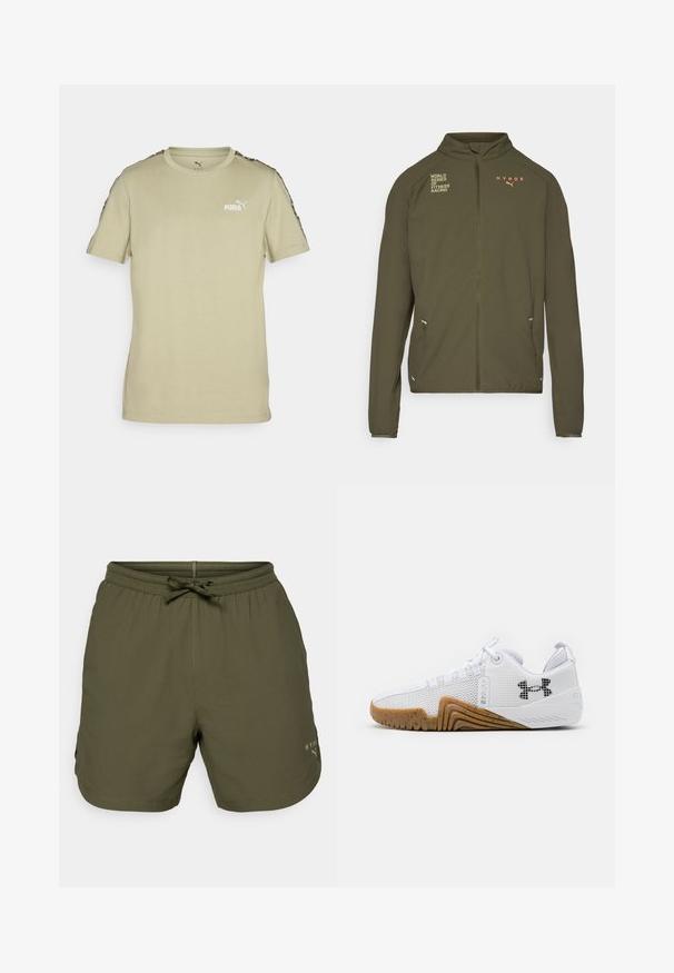 Olivovozelená športová bunda s vysokým golierom, plným predným zipsom, bočnými vreckami a potlačenými logami v bielej a oranžovej farbe. Vyrobená z ľahkého materiálu.; Svetložltá krátka rukávová tričko vyrobené z jemnej bavlny. Má okrúhly výstrih, logo na hrudi a kontrastné vzorované rukávy.; Olivovo zelené športové šortky vyrobené z ľahkého materiálu, s elastickým pásom a šnúrkou na stiahnutie, s malým logom na boku.; Biele atletické topánky s priedušným zvrškom, gumenou podrážkou v gumovej farbe, textúrovanými akcentmi a čiernym logom na boku.