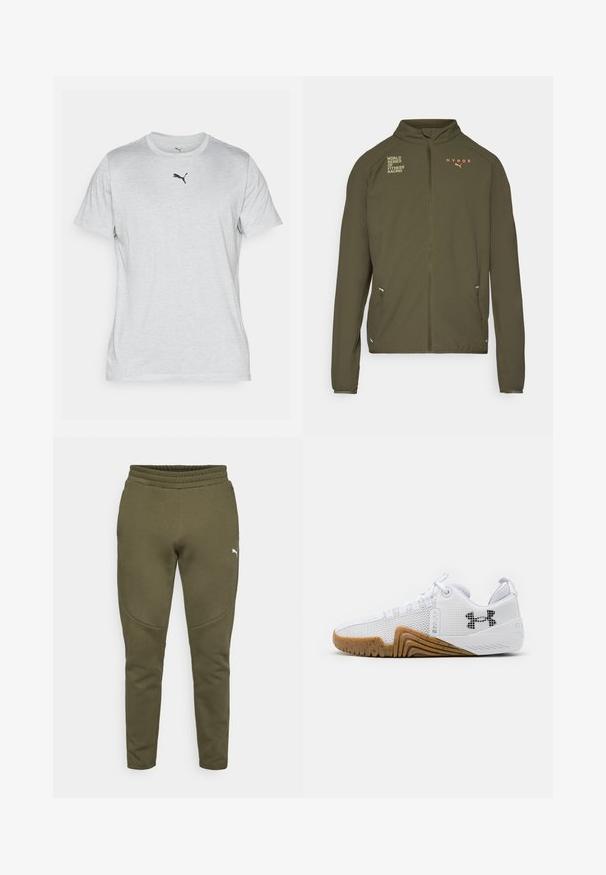 Oliivinvihreä urheilu takki, jossa on korkea kaulus, täysipituinen vetoketju, sivutaskut ja painetut logot valkoisena ja oranssina. Valmistettu kevyestä materiaalista.; Harmaa lyhythihainen T-paita pehmeästä kankaasta, jossa on pyöreä pääntie ja pieni musta Puma-logo rinnassa.; Oliiviväriset dressipüksid kitseneva lõikega, elastse vöökoha ja väikese valge logoga vasakul küljel. Pehme kangas sujuva tekstuuriga.; Valkoiset urheilukengät, joissa on verkkopinta, kumipohja gumminvärisenä, tekstiiliset yksityiskohdat ja musta logo sivussa.