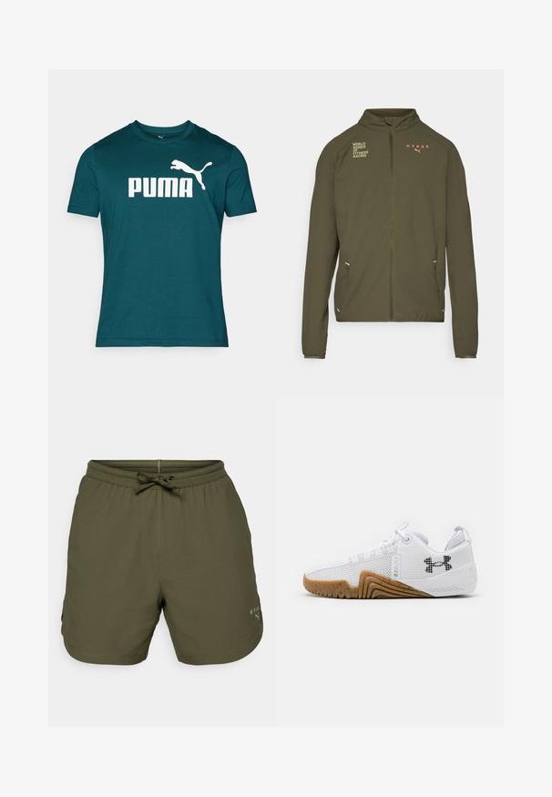 Olijfgroene sportjack met hoge kraag, volledige ritssluiting, zijzakken en bedrukte logo's in wit en oranje. Gemaakt van lichtgewicht materiaal.; Cyaan katoenen T-shirt met ronde hals, voorzien van een groot wit "PUMA" logo en een springende poema grafiek in het wit. Korte mouwen en een standaard pasvorm.; Olijfgroene sportshorts van lichtgewicht stof, met een elastische tailleband met een trekkoord en een klein logodetail aan de zijkant.; Witte sportschoenen met een bovenwerk van mesh, rubberen buitenzool in een gomkleur, textuuraccenten en een zwart logo op de zijkant.