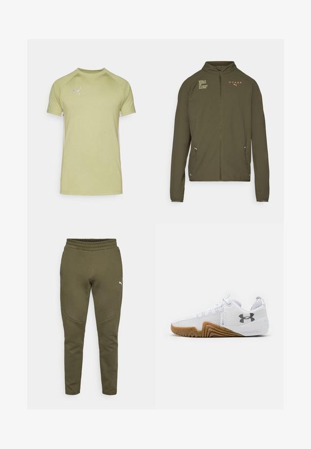 Olive green athletic jacket with high collar, full front zipper, side pockets, and printed logos in white and orange. Made of lightweight material.; Green short-sleeved t-shirt with a round neckline and raglan sleeves, featuring a white logo on the upper left chest and white side panels.; Olive green sweatpants with a tapered fit, elastic waistband, and a small white logo on the left side. Soft fabric with a smooth texture.; White athletic shoes featuring a mesh upper, rubber outsole with a gum color, textured accents, and a black logo on the side.