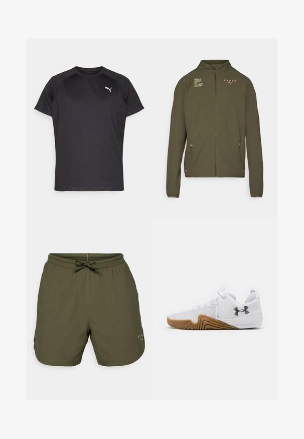 Olive green athletic jacket with high collar, full front zipper, side pockets, and printed logos in white and orange. Made of lightweight material.; Black athletic t-shirt made from smooth, breathable fabric. Features short sleeves and a subtle white Puma logo on the chest.; Olive green athletic shorts made of lightweight fabric, featuring an elastic waist with a drawstring and a small logo detail on the side.; White athletic shoes featuring a mesh upper, rubber outsole with a gum color, textured accents, and a black logo on the side.