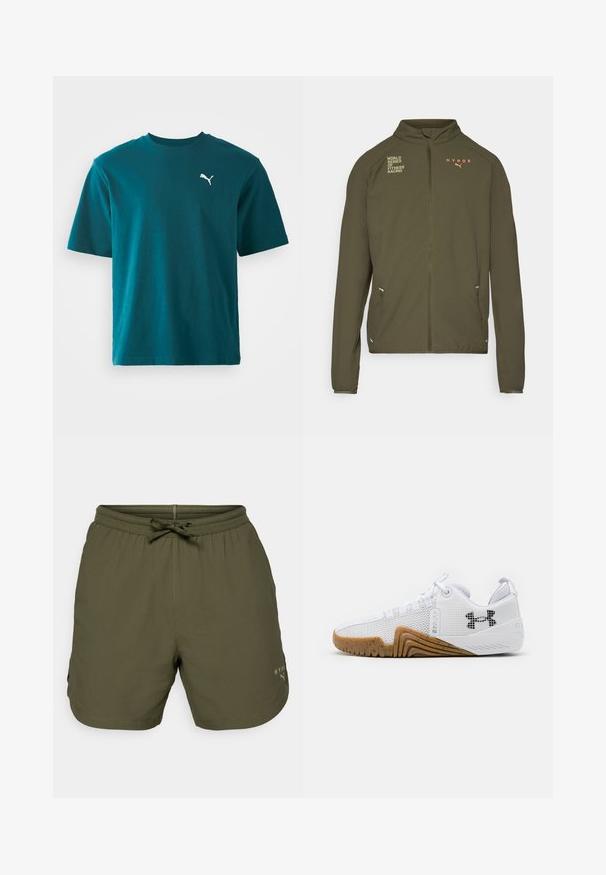 Alyvuogių žalios spalvos sportinė striukė su aukštu apykakle, pilnu priekiu užtrauktuku, šoninėmis kišenėmis ir baltomis bei oranžinėmis logotipo spaudomis. Pagaminta iš lengvos medžiagos.; Mėlynas medvilninis marškinėliai su trumpomis rankovėmis, apvali iškirpė, ir baltas Puma logotipas kairiajame krūtinės šone; glotnus paviršius ir įprasta iškirpė.; Olive spalvos sportiniai šortai, pagaminti iš lengvos medžiagos, su elastinga juosta ir raišteliu, bei mažas logotipo detalė šone.; Balti sportiniai batai su tinklelio viršumi, guminiu padu rudos spalvos, tekstūruotais akcentais ir juodu logotipu šone.
