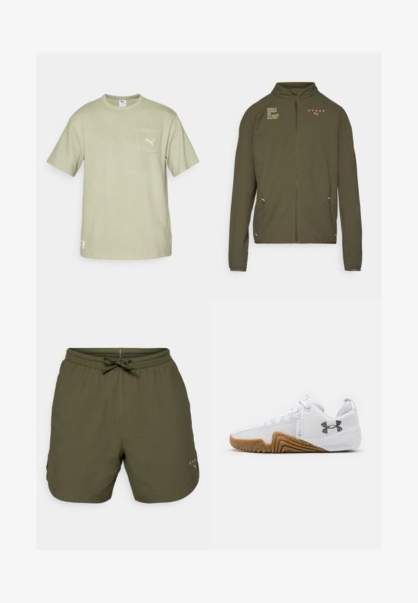 Oliven grønn treningsjakke med høy krage, hel glidelås, sidelommer og trykte logoer i hvitt og oransje. Laget av lett materiale.; Lys grønn teksturert t-skjorte med korte ermer, rund hals, frontlomme og en liten brodert logo på brystet. Kan vaskes i maskin.; Olivenfargede treningsshorts laget av lett materiale, med elastisk midje og snor, samt en liten logo på siden.; Hvite joggesko med mesh-overdel, gummisåle i kamskjellfarge, teksturerte detaljer og en svart logo på siden.
