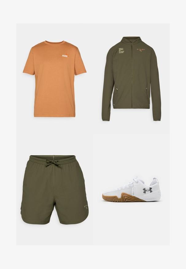 Olīvu zaļa sporta jaka ar augstu apkakli, pilnu priekšējo rāvējslēdzi, sānu kabatām un drukātiem logotipiem baltā un oranžā krāsā. Izgatavota no viegla materiāla.; T-krekls ar īsām piedurknēm un apaļu kakla izgriezumu silti brūnā tonī, izgatavots no mīkstas kokvilnas; tam ir neliels oranžs Puma logotips kreisajā augšējā stūrī.; Olīvzaļi sporta šorti, izgatavoti no viegla auduma, ar elastīgu jostu un auklu, kā arī ar nelielu logotipa detaļu sānos.; Balti sporta apavi ar sietu augšdaļu, gumijas zoli ar gumijas krāsu, teksturētām akcentiem un melnu logo sānos.